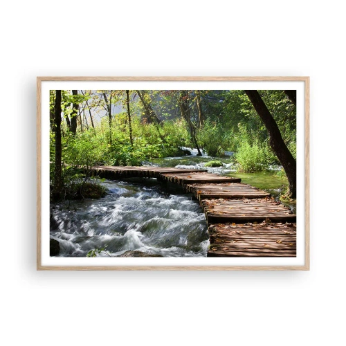 Plakat i ramme af lyst egetræ - Over en skummende kaskade - 100x70 cm
