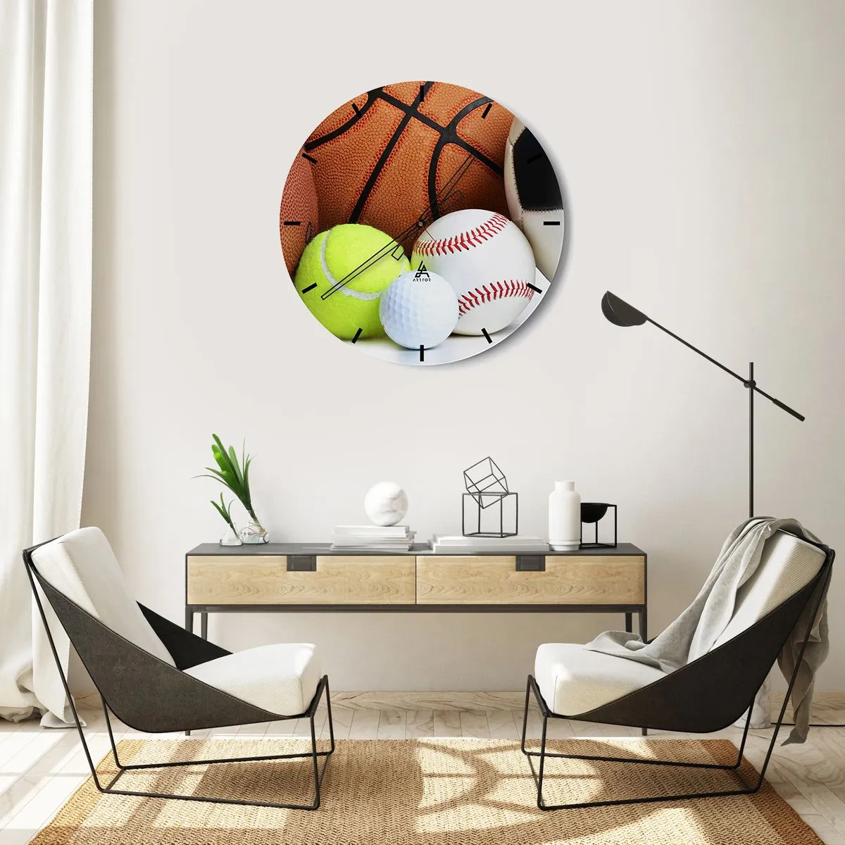 Vægur, Uret - Sportsbolde i forskellige discipliner - 30x30cm - Forbindelse med bolden! - Moderne vægdekoration til stue, køkken og soveværelse ARTTOR