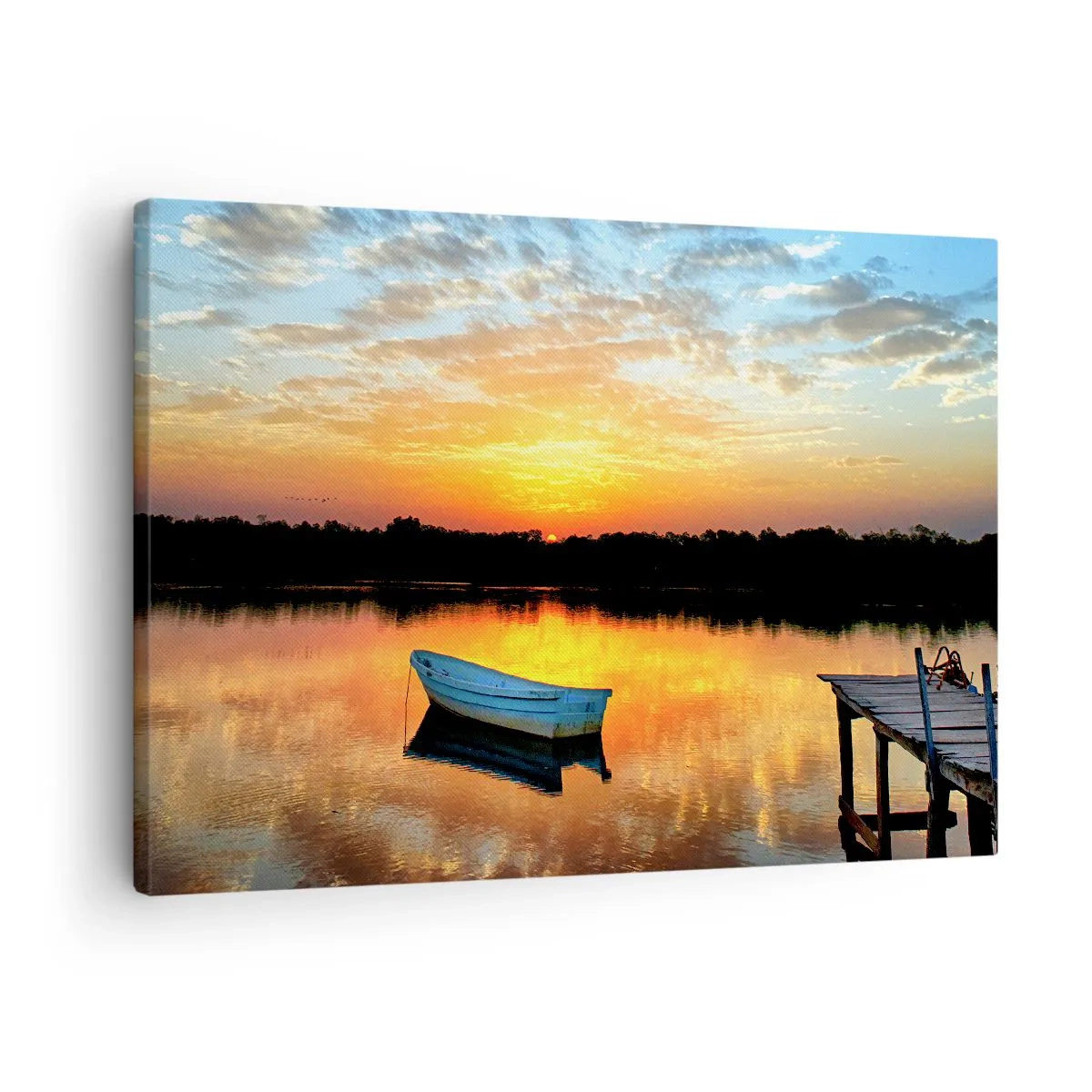 Lærredstryk - Billede på lærred - En båd på en rolig sø under solnedgang - 70x50cm - Se, lyt, meditér - Moderne vægdekoration til stue og soveværelse ARTTOR