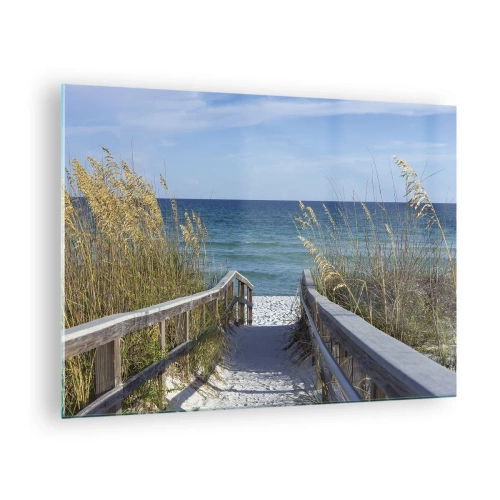 Billede på glas - Sti til stranden med havudsigt - 70x50cm - I solen, i vinden - Moderne vægdekoration til stue og soveværelse ARTTOR