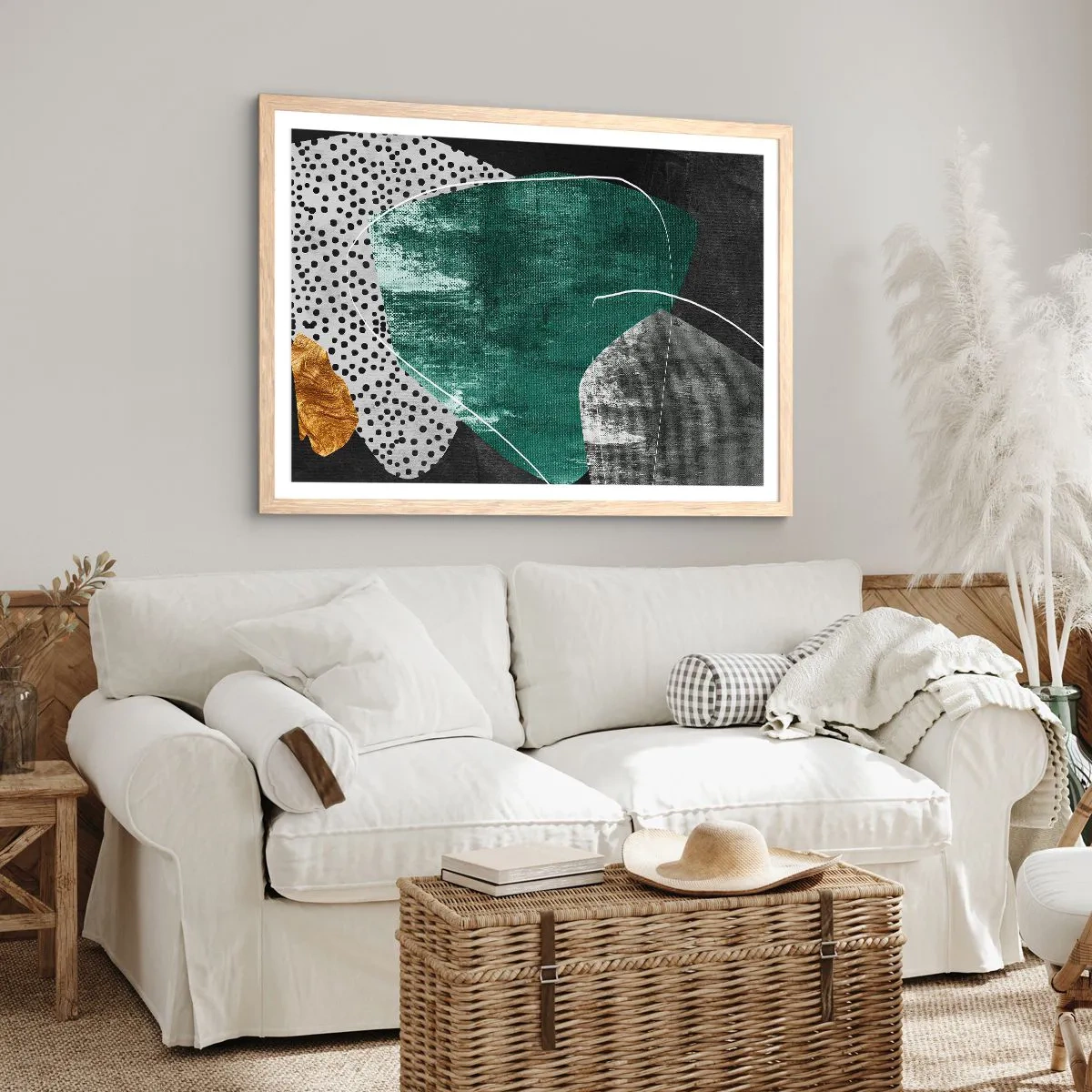 Plakat i ramme af lyst egetræ - Farverig abstraktion med en guldflager - 50x40 cm