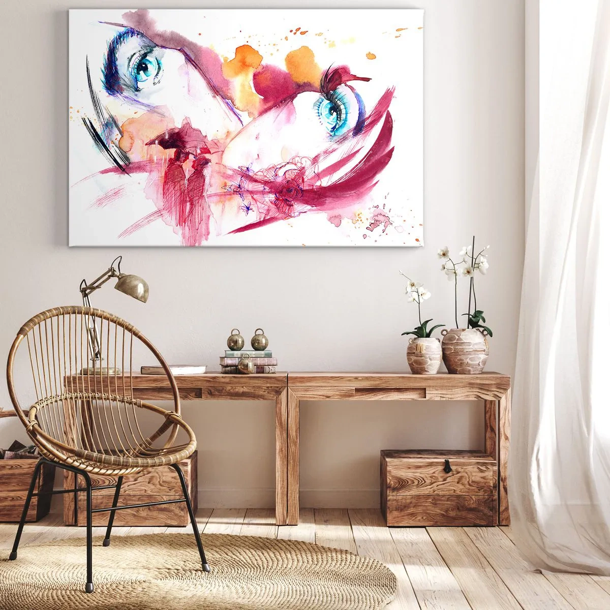 Lærredstryk - Billede på lærred - Et abstrakt ansigt med udtryksfulde øjne og røde accenter. - 70x50cm - I nærheden af hinanden blomstrer verden - Moderne vægdekoration til stue og soveværelse ARTTOR