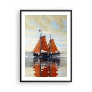 Plakat i sort ramme - Sejlbåde på roligt vand med røde sejl - 50x70cm - Hey, sejl, sømand.... - Moderne vægdekoration til stue og soveværelse ARTTOR