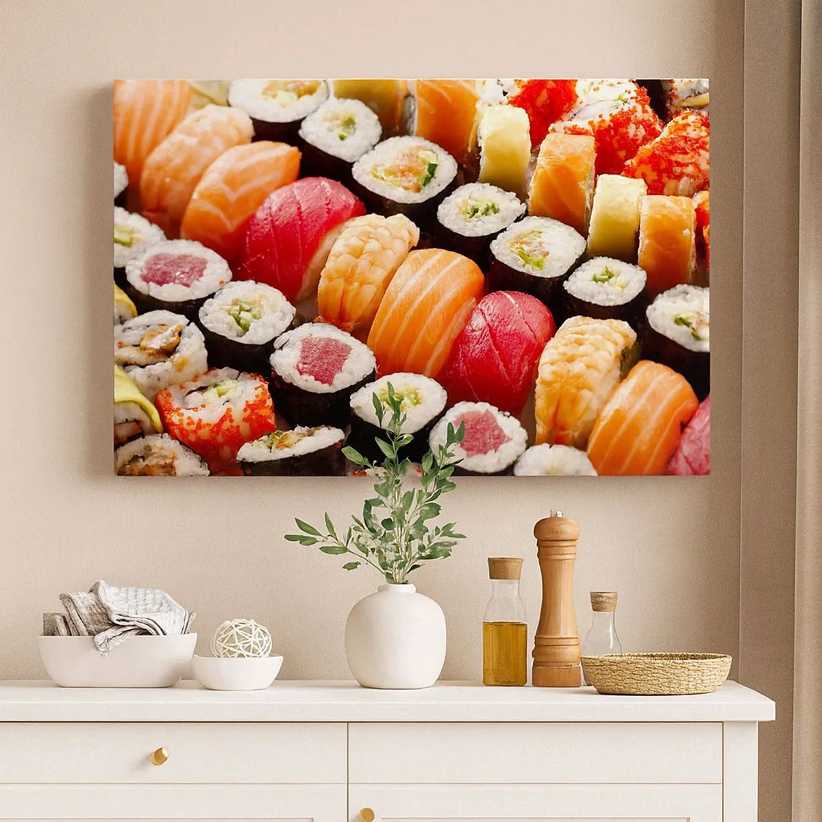Lærredstryk - Billede på lærred - Farverig sushi arrangeret i rækker med forskellige toppings - 70x50cm - Asiens farver og smag - Moderne vægdekoration til stue og soveværelse ARTTOR