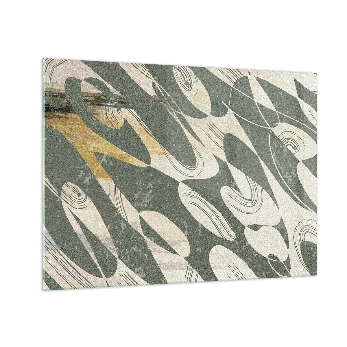 Billede på glas - En grøn og beige komposition med dynamiske organiske former - 70x50cm - Rytmisk abstraktion - Moderne vægdekoration til stue og soveværelse ARTTOR