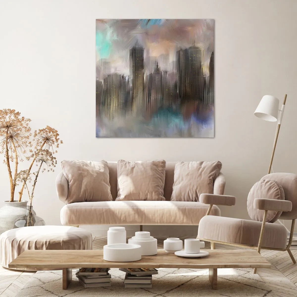 Lærredstryk - Billede på lærred - En sammensætning af stål, sten og tåge - 40x40 cm