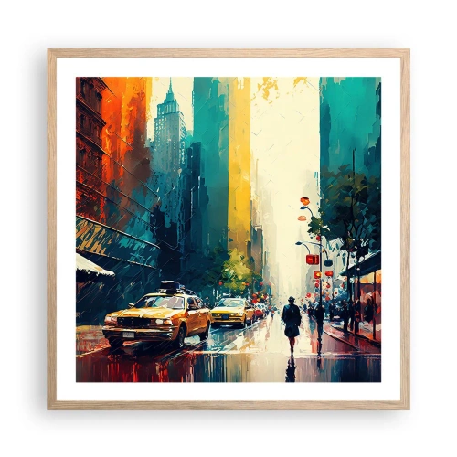 Plakat i ramme af lyst egetræ - New York - her er selv regnen farverig - 60x60 cm