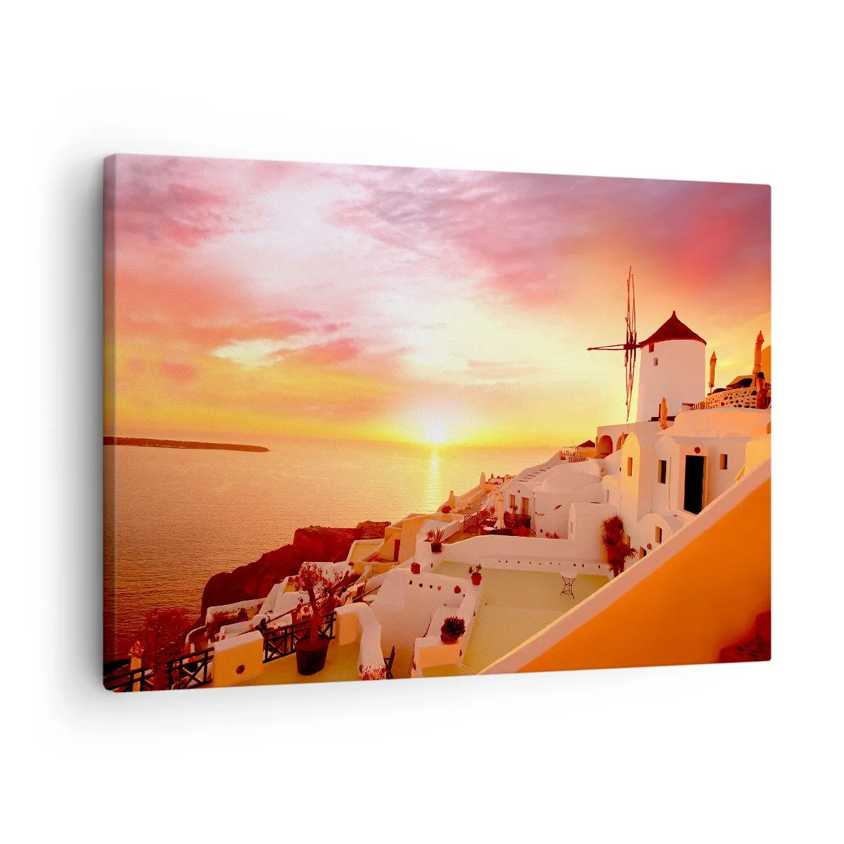 Lærredstryk - Billede på lærred - Santorini ved solnedgang med en vindmølle - 70x50cm - Opløses i hvidt og guld - Moderne vægdekoration til stue og soveværelse ARTTOR