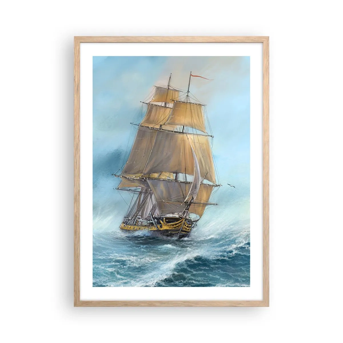 Plakat i ramme af lyst egetræ - Bølgende gennem bølgerne - 50x70 cm