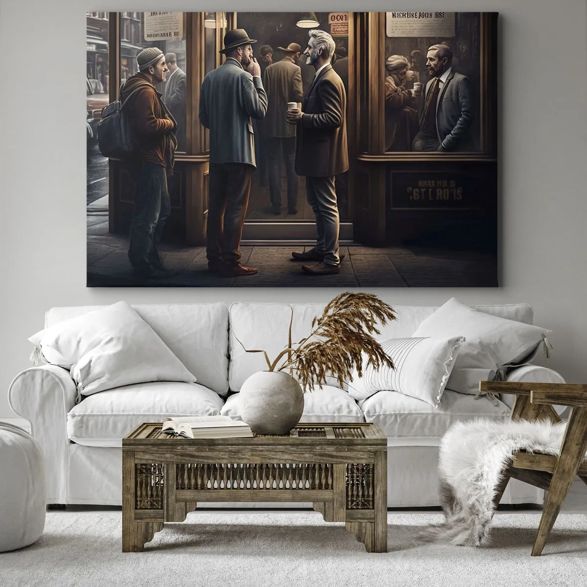 Lærredstryk - Billede på lærred - Gadebillede med mennesker foran en retro café - 70x50cm - Et godt øjeblik på dagen - Moderne vægdekoration til stue og soveværelse ARTTOR