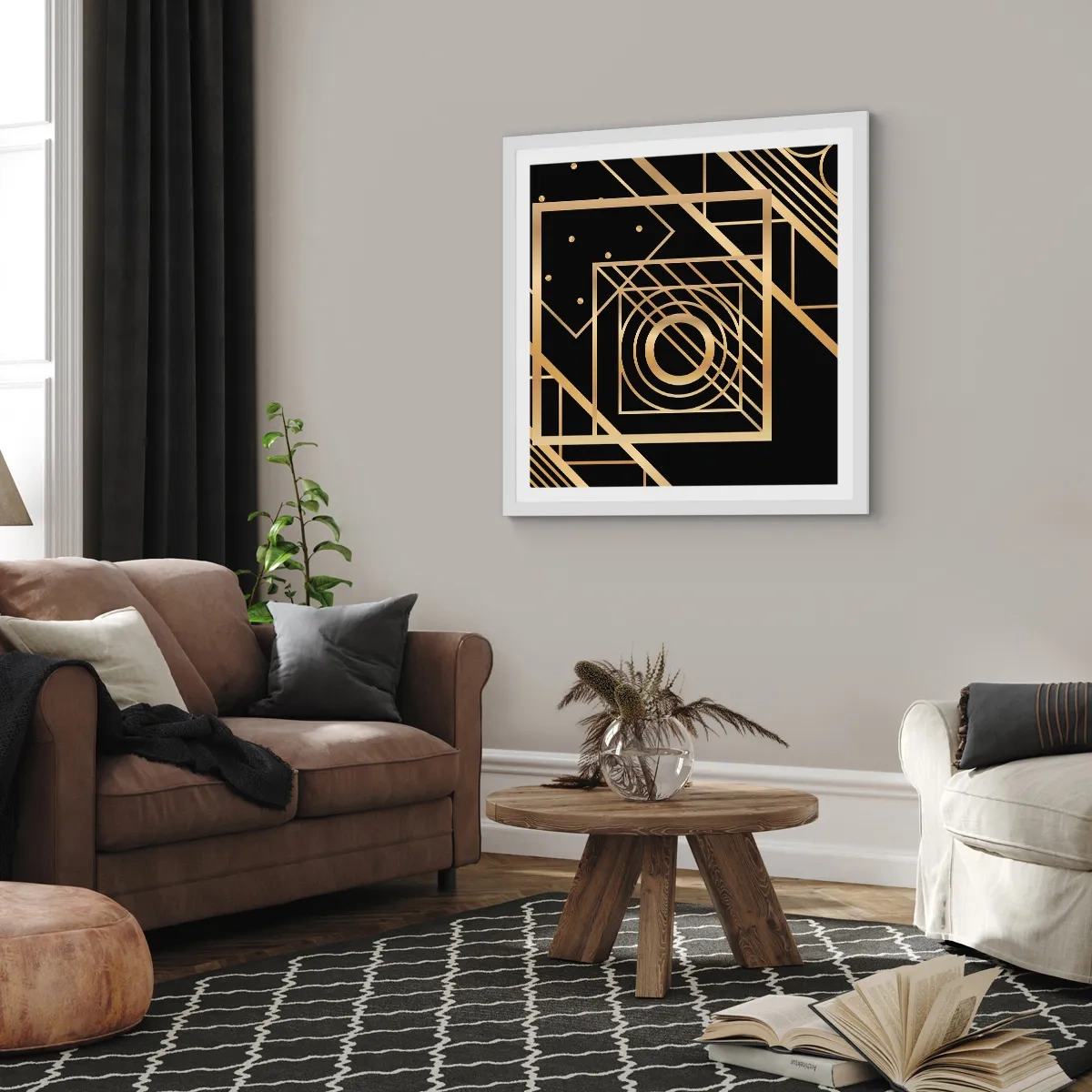 Plakat i hvid ramme - Gylden geometri - 60x60 cm
