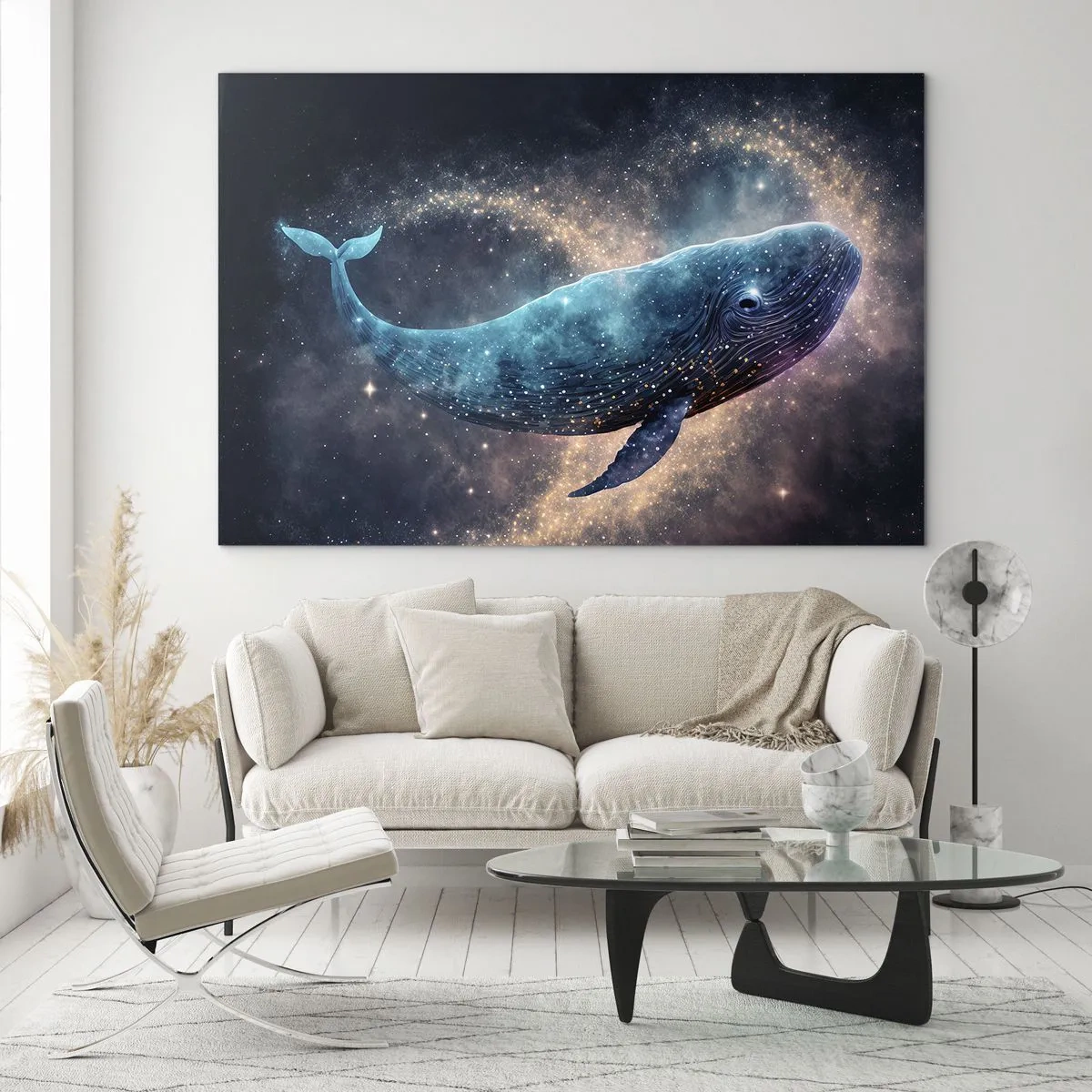 Billede på glas - Blåhval svæver i galaksen - 70x50cm - Der findes en verden... - Moderne vægdekoration til stue og soveværelse ARTTOR