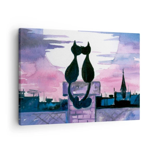 Lærredstryk - Billede på lærred - Sorte katte på et tag i måneskin i en akvarelkulisse - 70x50cm - Rendez-vous under månen - Moderne vægdekoration til stue og soveværelse ARTTOR