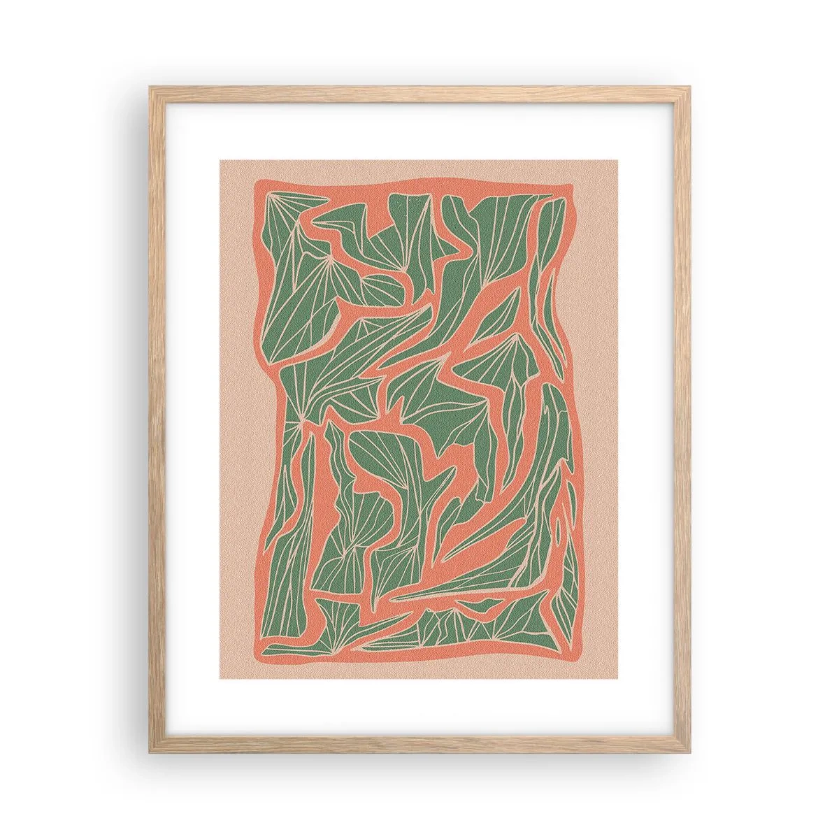 Plakat i ramme af lyst egetræ - En kamp mellem koral og grøn - 40x50 cm