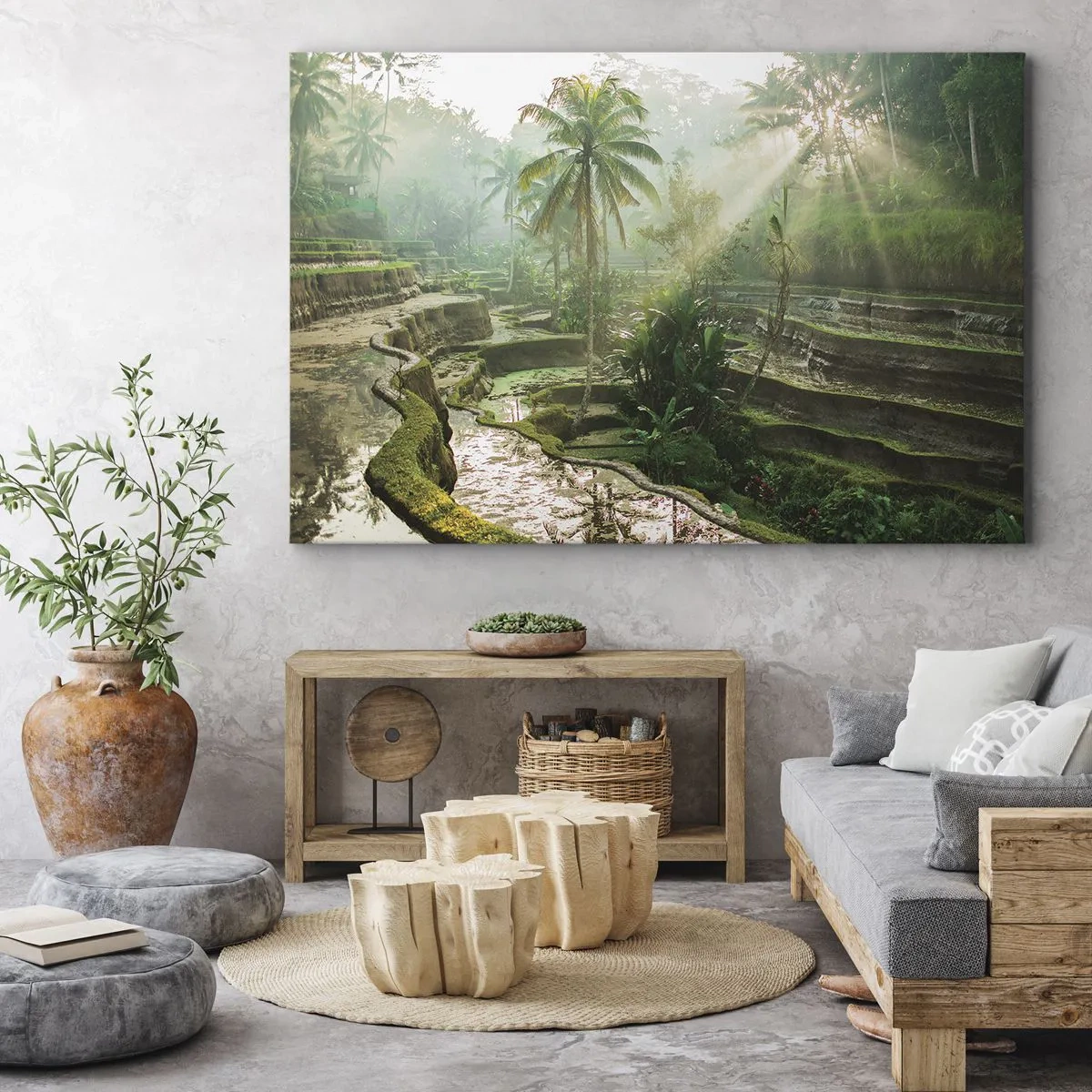 Lærredstryk - Billede på lærred - Risterrasser med palmer i solens stråler - 70x50cm - Voksende op i solen - Moderne vægdekoration til stue og soveværelse ARTTOR