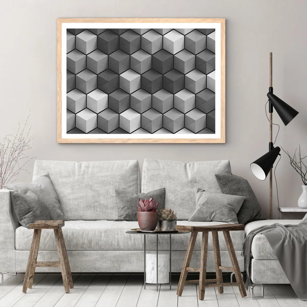Plakat i ramme af lyst egetræ - Kubistisk puslespil - 70x50 cm