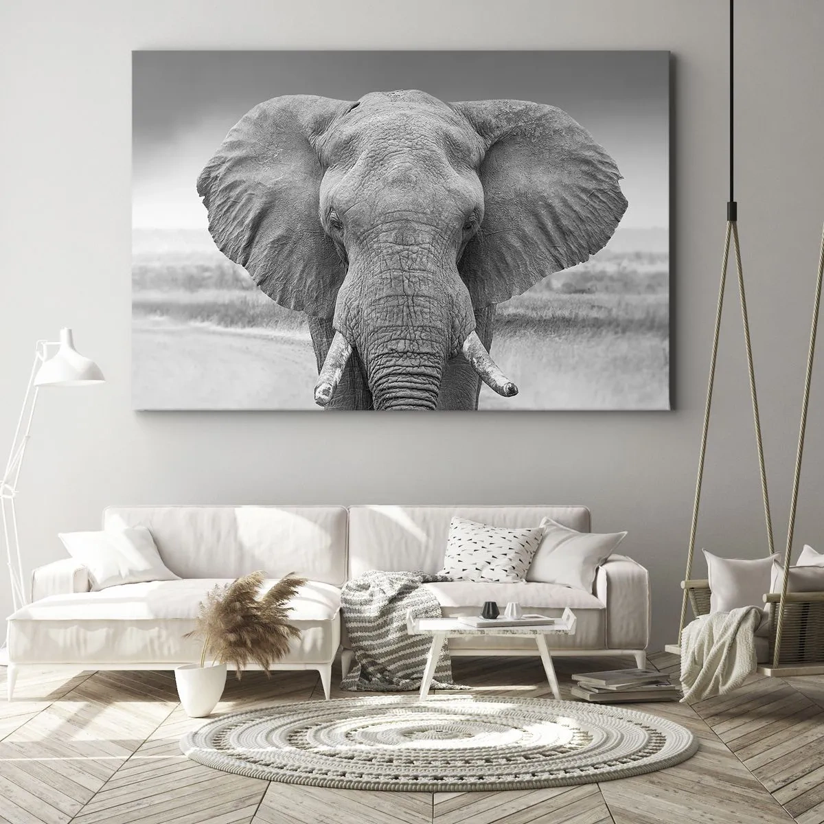 Lærredstryk - Billede på lærred - Portræt af en elefant i sort-hvid - 70x50cm - Velkommen til min verden - Moderne vægdekoration til stue og soveværelse ARTTOR