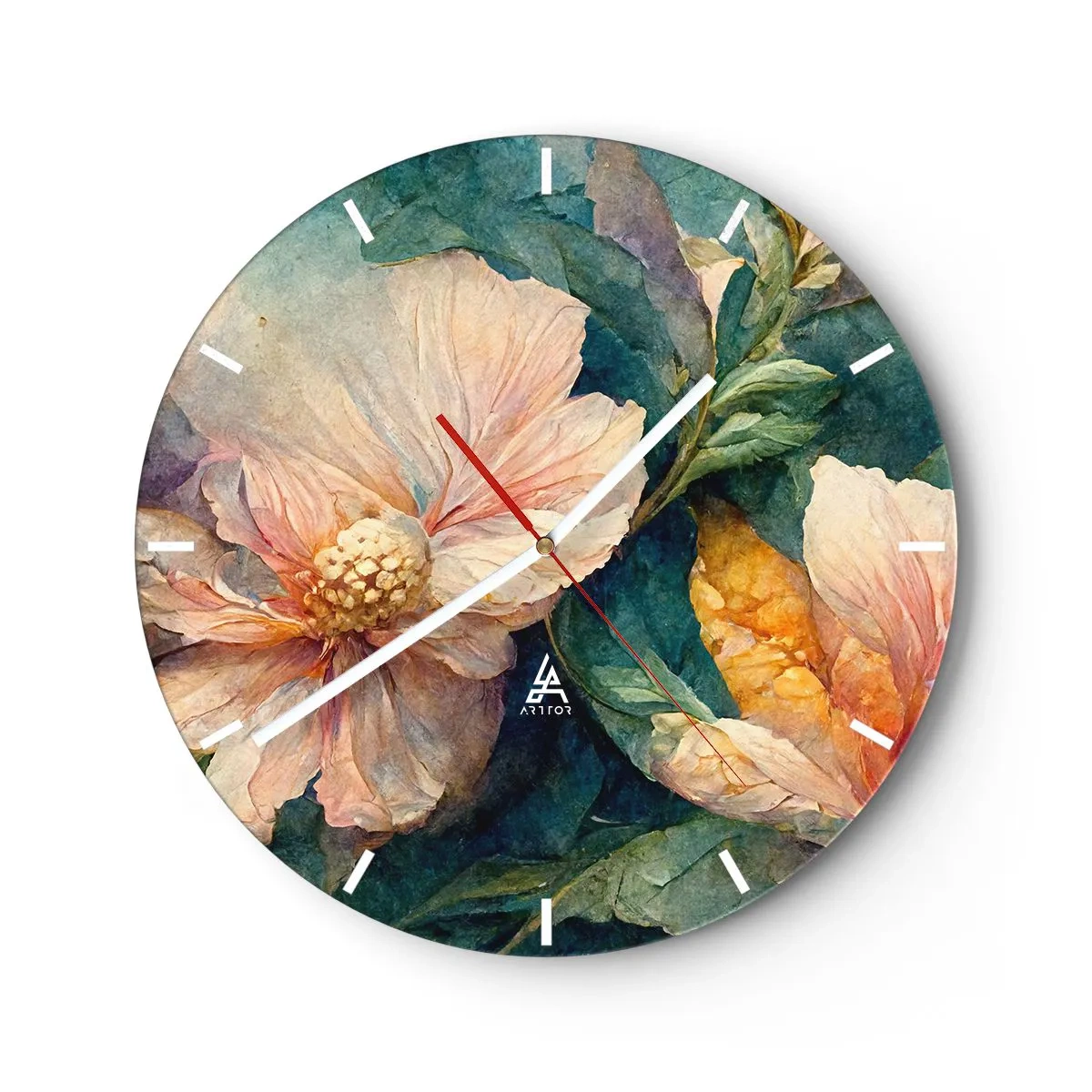 Vægur, Uret - Delikate blomster i pastelfarver med grønne blade - 30x30cm - Subtiliteten selv - Moderne vægdekoration til stue, køkken og soveværelse ARTTOR