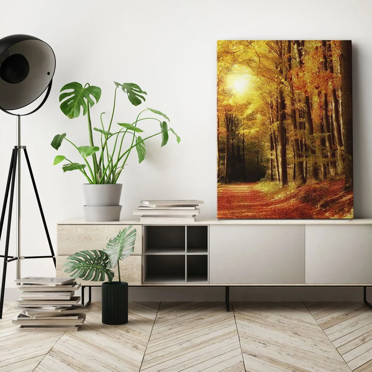Lærredstryk - Billede på lærred - Gyldent efterår på en skovvej - 50x70 cm