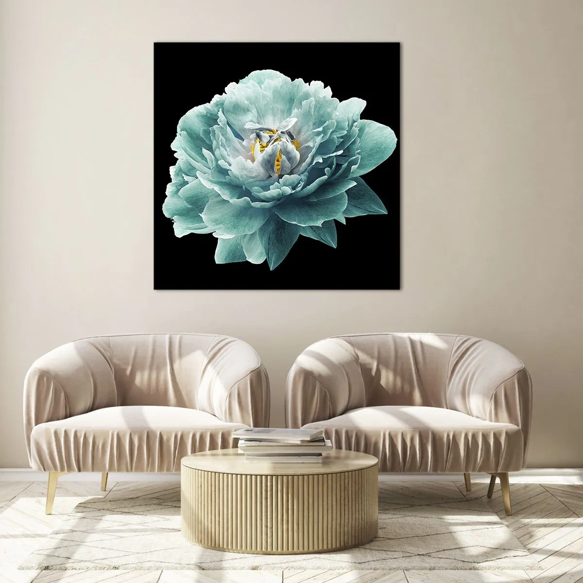 Billede på glas - Blå og gyldne kronblade - 50x50 cm