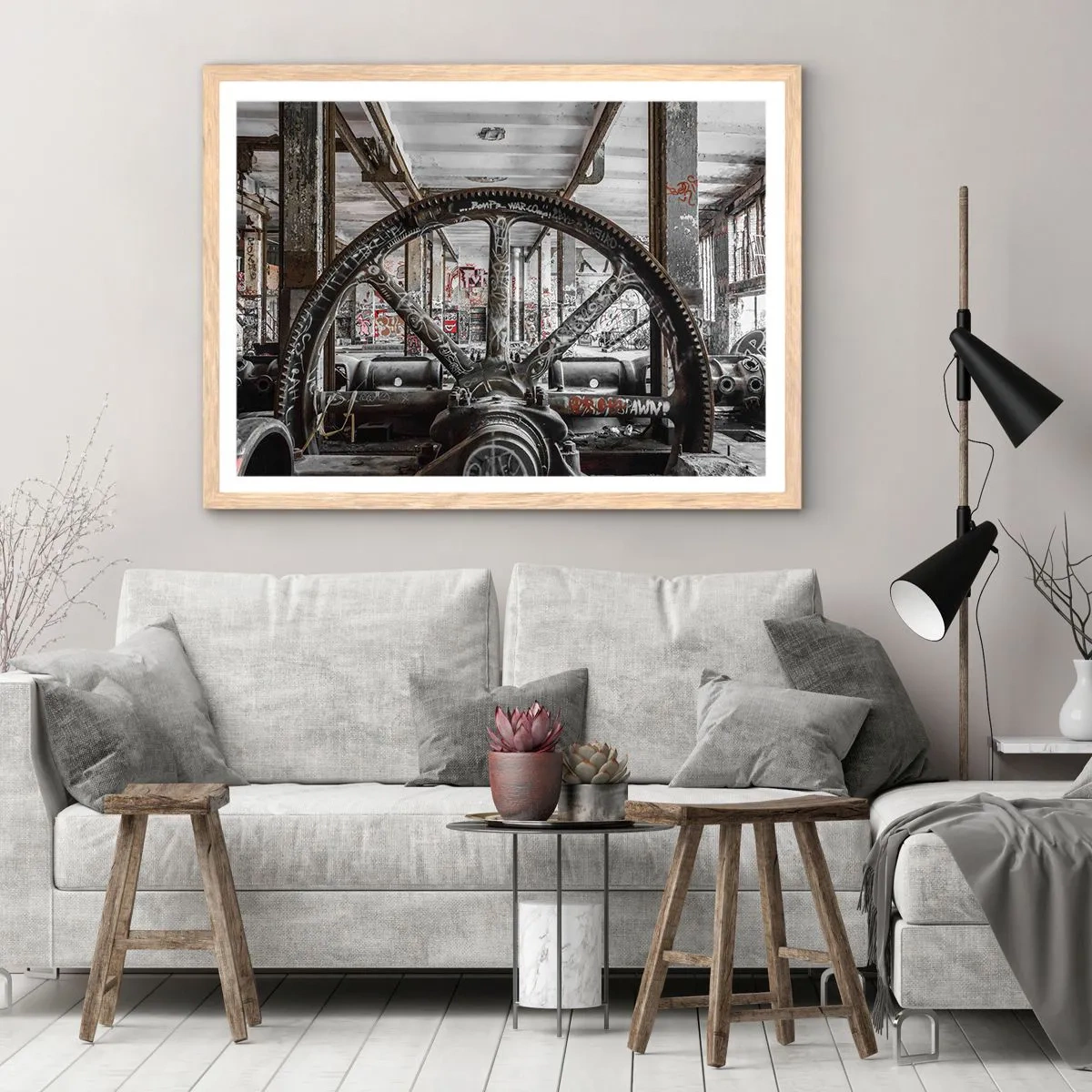 Plakat i ramme af lyst egetræ - Fabrikkens hemmelige liv - 100x70 cm