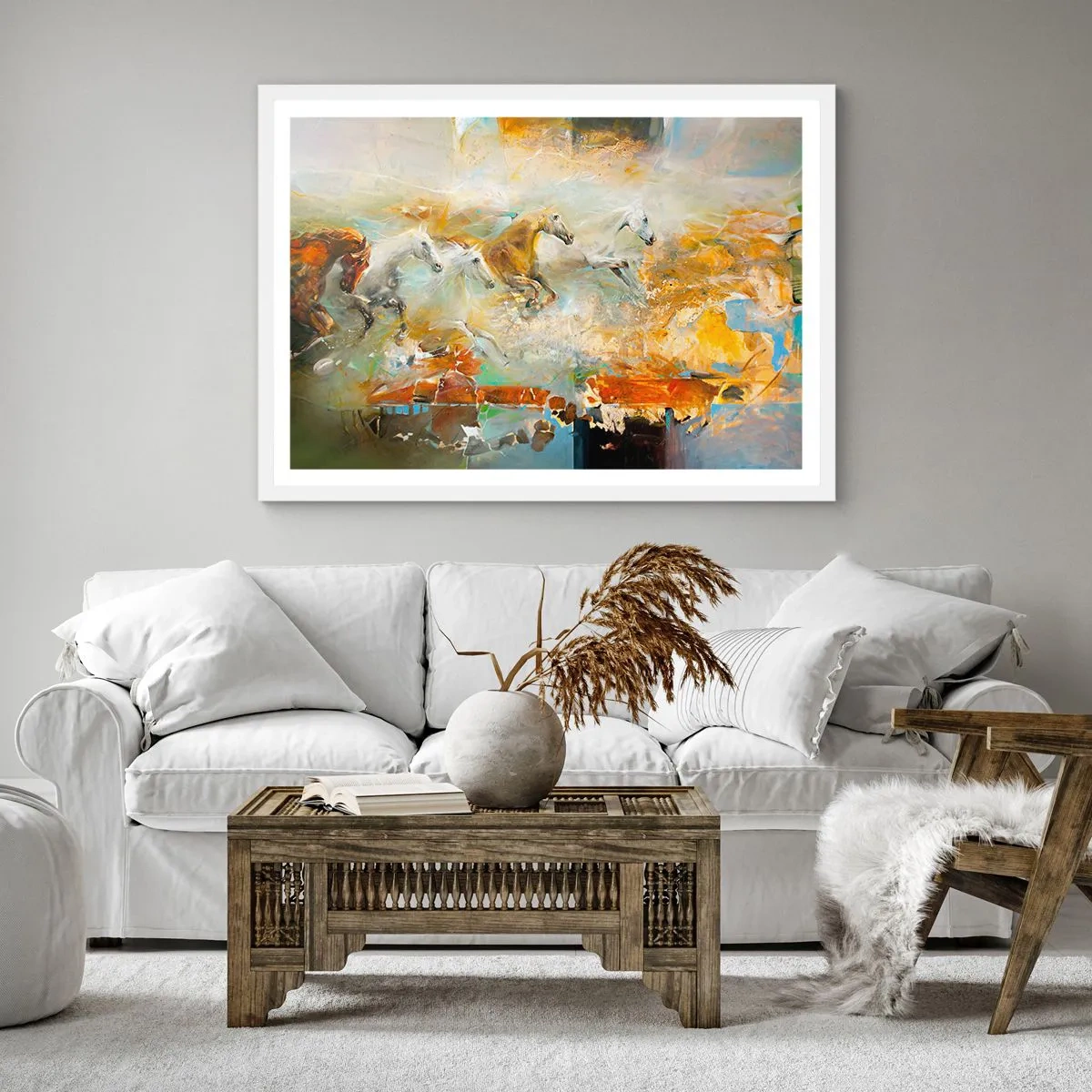Plakat i hvid ramme - Galopperer gennem lyset - 50x50 cm