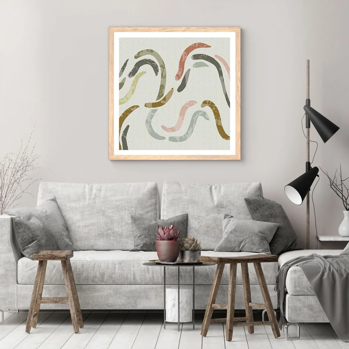 Plakat i ramme af lyst egetræ - Abstraktionens glade dans - 60x60 cm