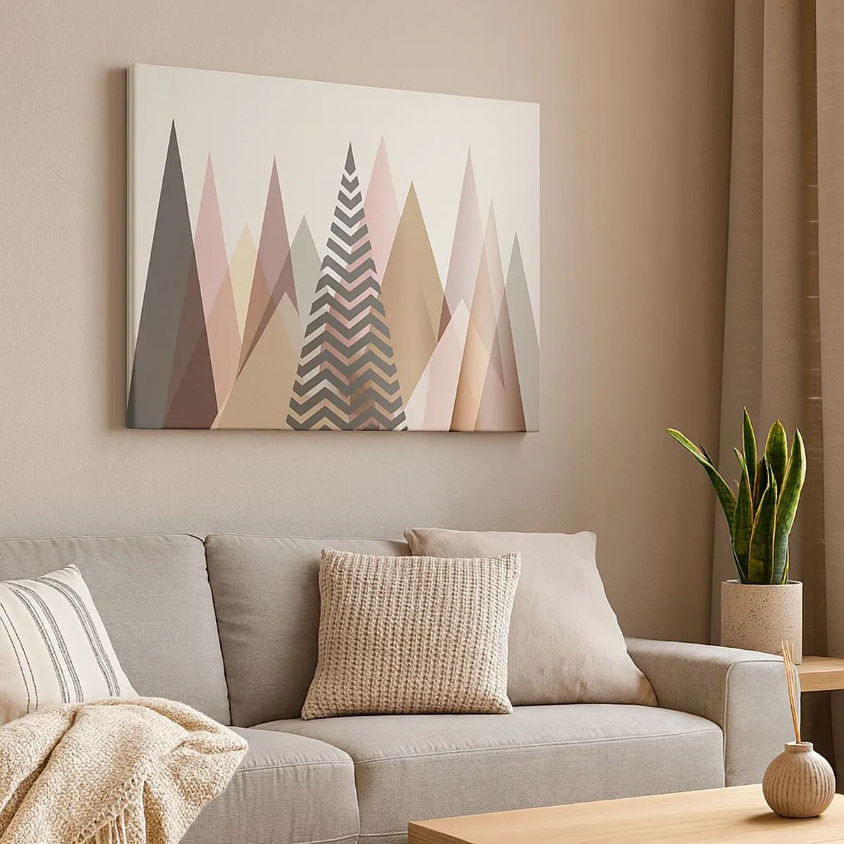 Lærredstryk - Billede på lærred - Farverige geometriske bjerge i pastelfarver - 70x50cm - Pyramide udsigt - Moderne vægdekoration til stue og soveværelse ARTTOR