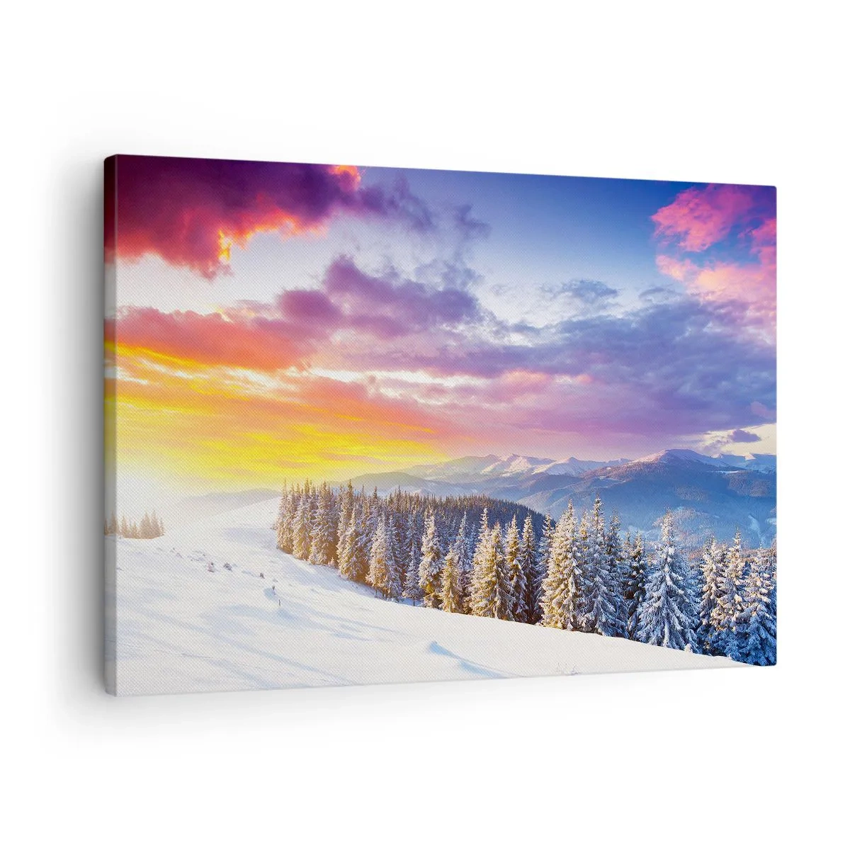 Lærredstryk - Billede på lærred - Vinterlandskab med bjerge og skov ved solnedgang - 70x50cm - Ved højlys dag - Moderne vægdekoration til stue og soveværelse ARTTOR