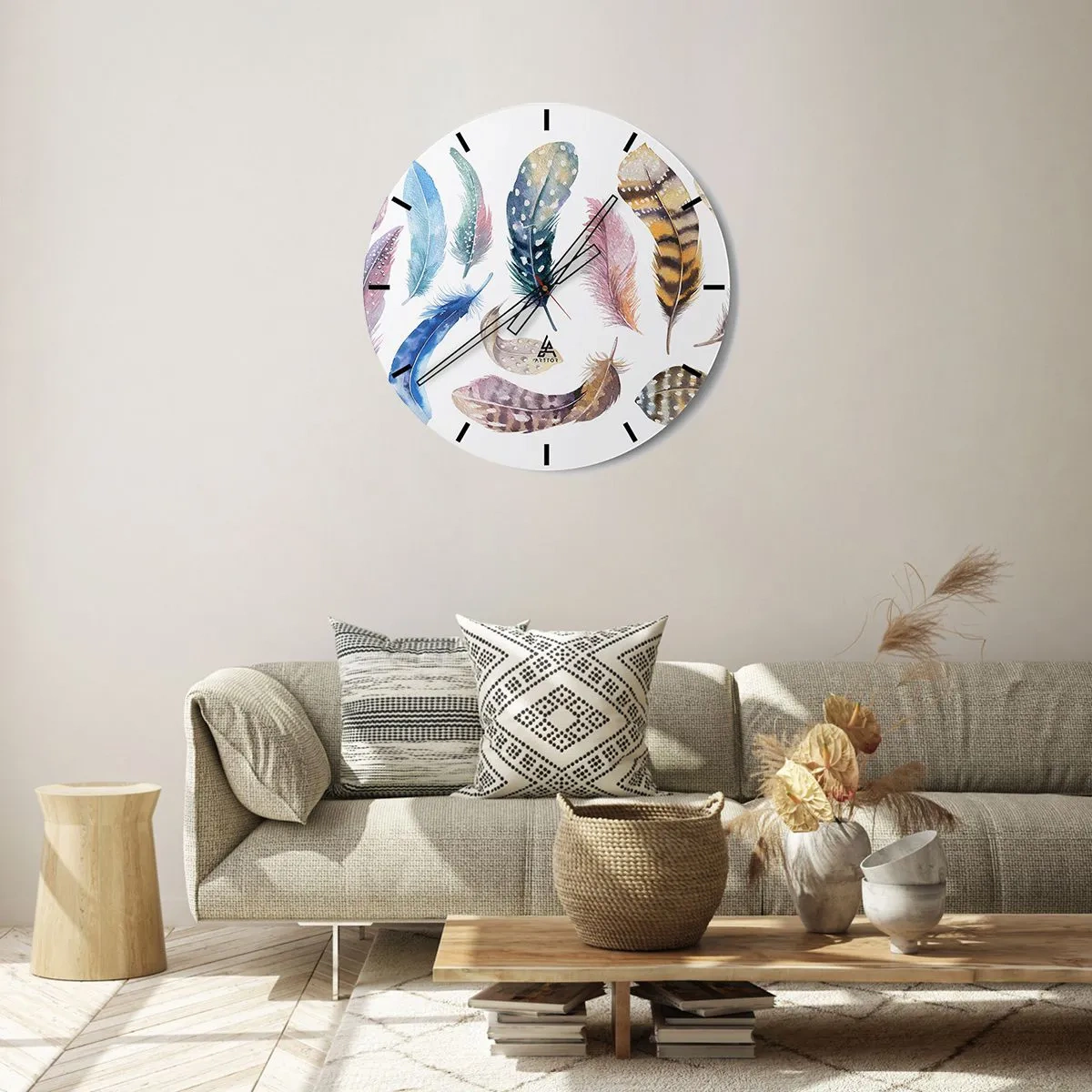 Vægur, Uret - Farverige fjer i akvarelstil - 30x30cm - Letvægts, farverig og flerfarvet - Moderne vægdekoration til stue, køkken og soveværelse ARTTOR