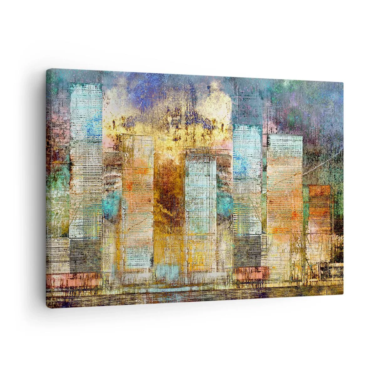 Lærredstryk - Billede på lærred - Abstrakte skyskrabere i industriel stil - 70x50cm - Solrig metropol - Moderne vægdekoration til stue og soveværelse ARTTOR