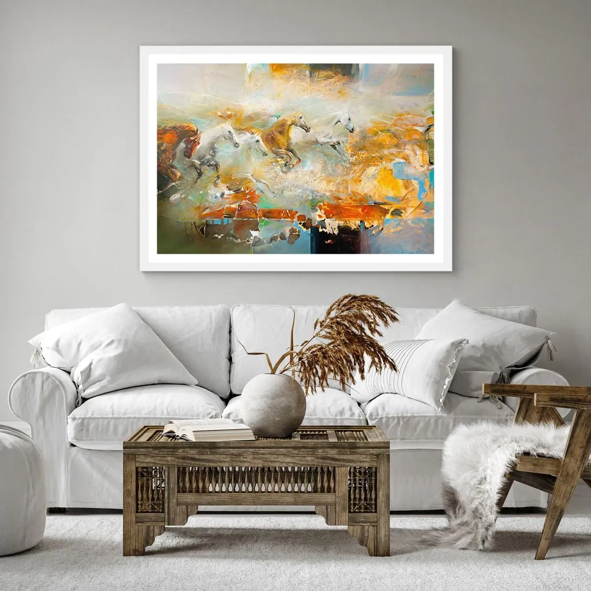 Plakat i hvid ramme - Galopperer gennem lyset - 100x70 cm