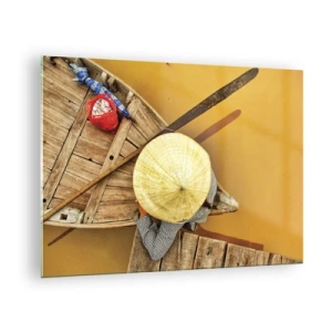 Billede på glas - Set ovenfra af en båd og en person med en konisk hat - 70x50cm - Livet på den gule flod - Moderne vægdekoration til stue og soveværelse ARTTOR