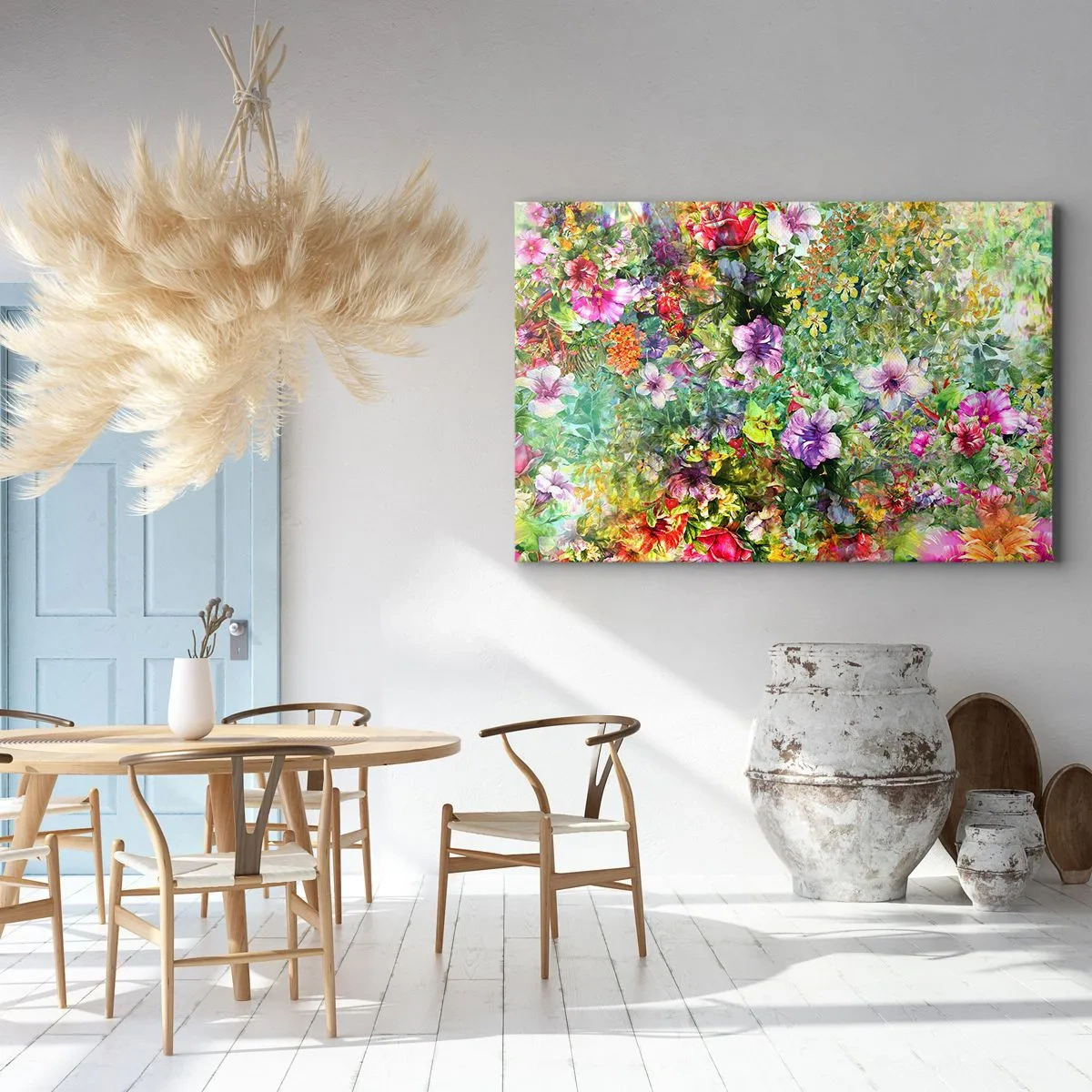 Lærredstryk - Billede på lærred - Et farverigt blomsterarrangement på en grøn baggrund - 70x50cm - Ind i blomsterne ved fortabelse - Moderne vægdekoration til stue og soveværelse ARTTOR