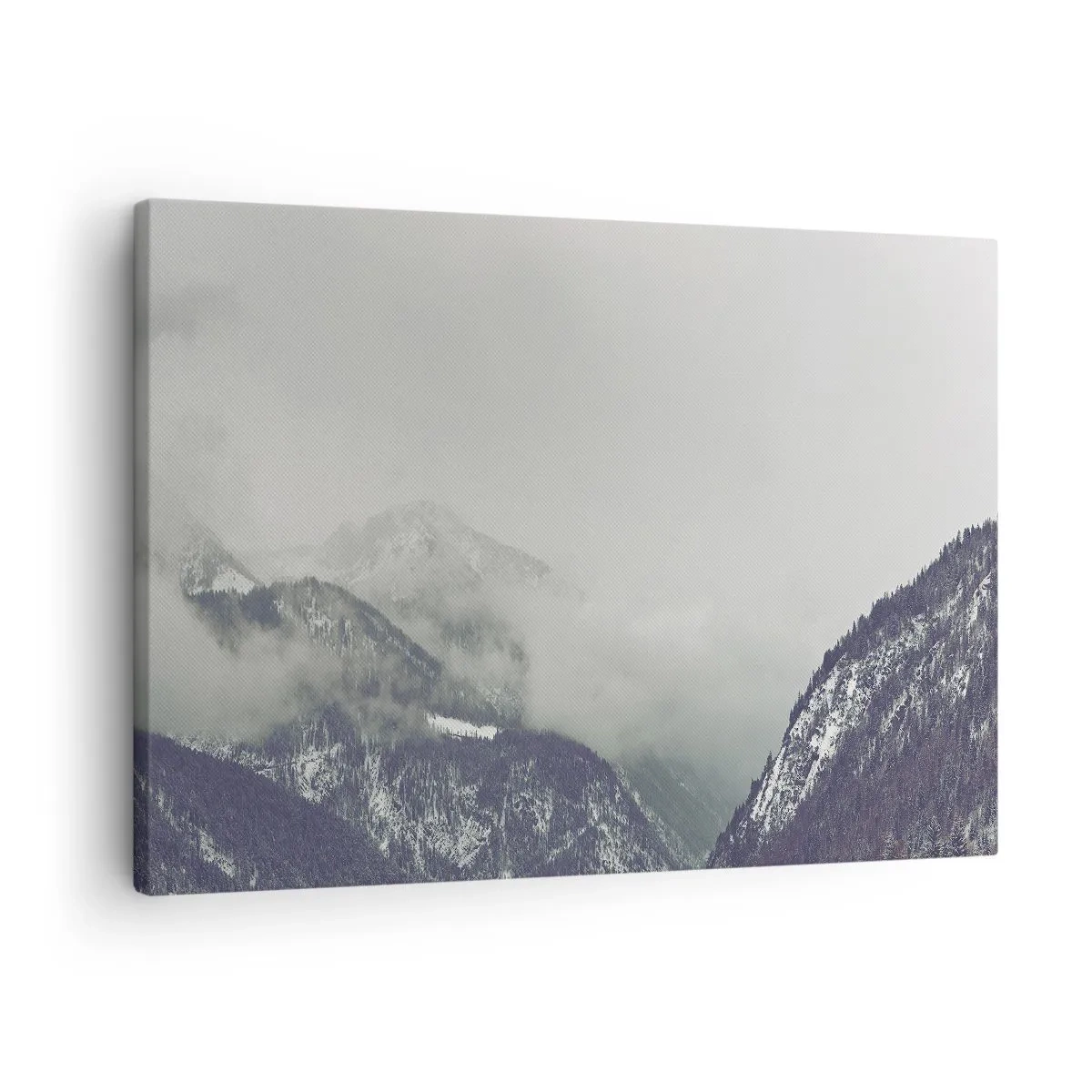 Lærredstryk - Billede på lærred - En bjergdal indhyllet i tåge i grå nuancer - 70x50cm - Tåget dal - Moderne vægdekoration til stue og soveværelse ARTTOR