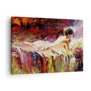Lærredstryk - Billede på lærred - En kvinde liggende på en seng mod en baggrund af abstrakte farver. - 70x50cm - Eftertænksom Venus - Moderne vægdekoration til stue og soveværelse ARTTOR