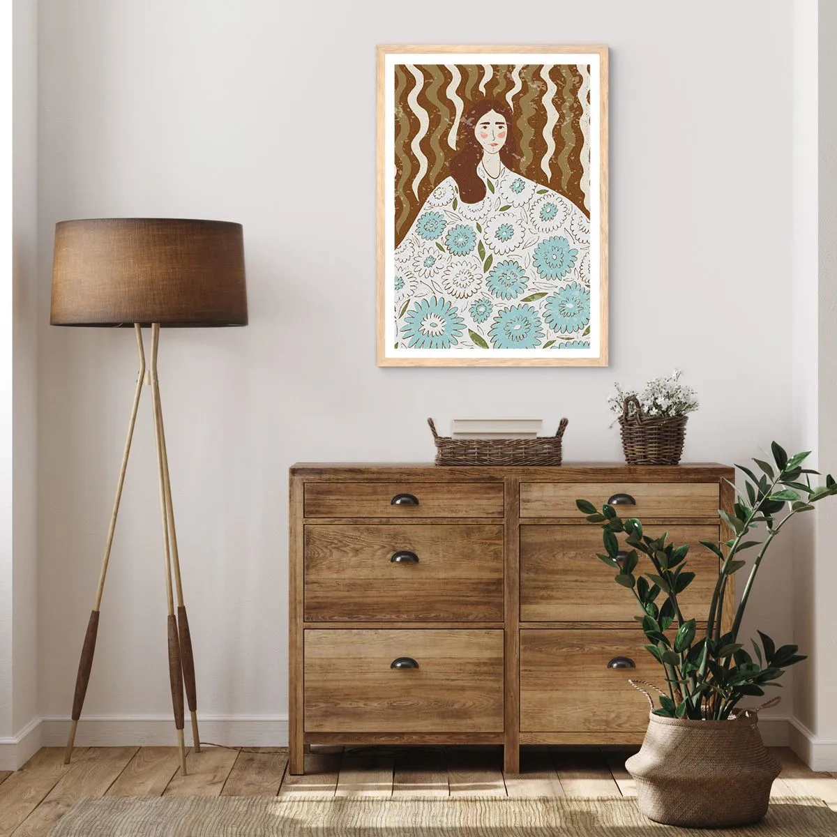 Plakat i ramme af lyst egetræ - Portræt i en blomstret kappe - 50x70 cm