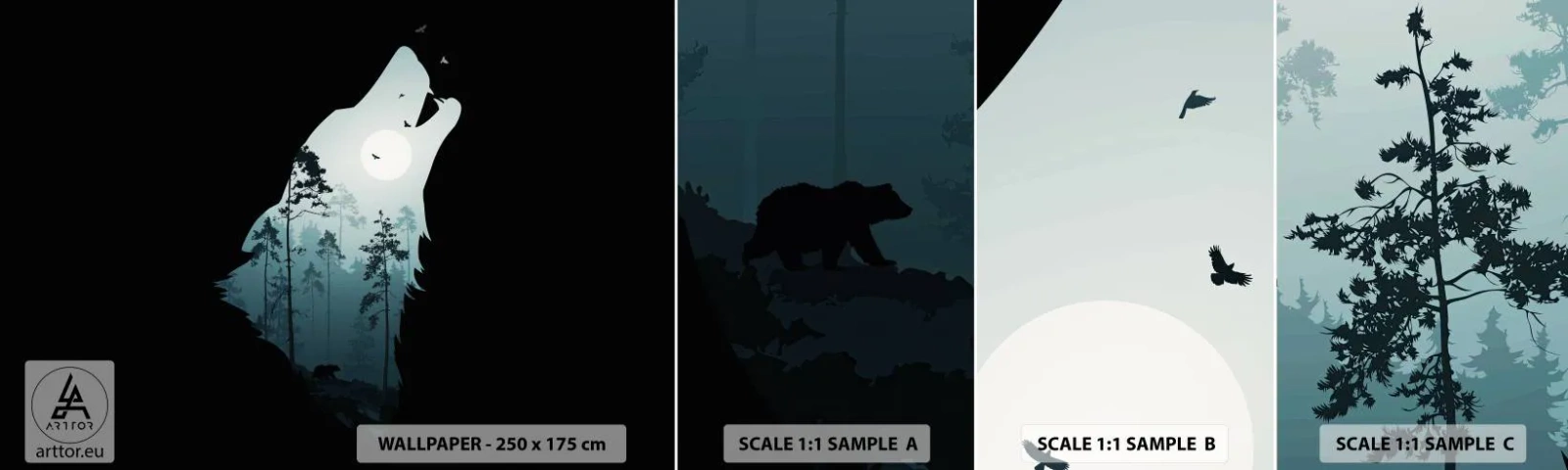 Prøve Fototapet Selvklæbende Deluxe Sticker - Skovnattens stemme - Abstraktion, Bjørn, Hule - 100x30 cm