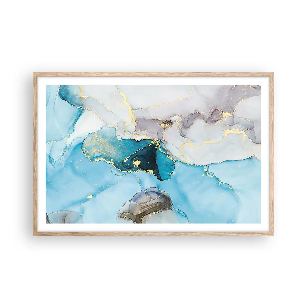 Plakat i ramme af lyst egetræ - En undersøgelse af mødet mellem grå og turkis - 91x61 cm