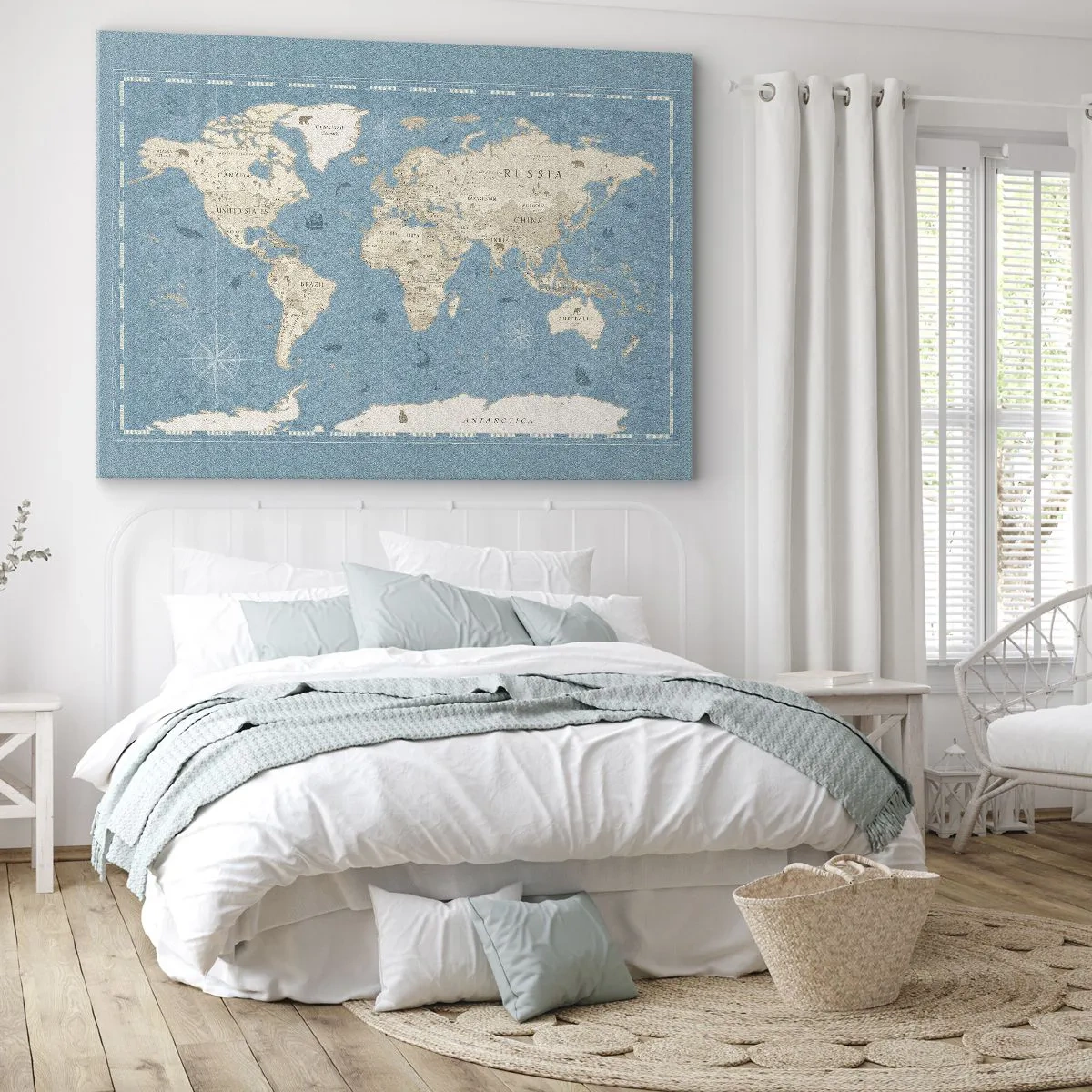 Lærredstryk - Billede på lærred - Dekorativt verdenskort i blå og beige nuancer - 70x50cm - En verden inden for rækkevidde - Moderne vægdekoration til stue og soveværelse ARTTOR
