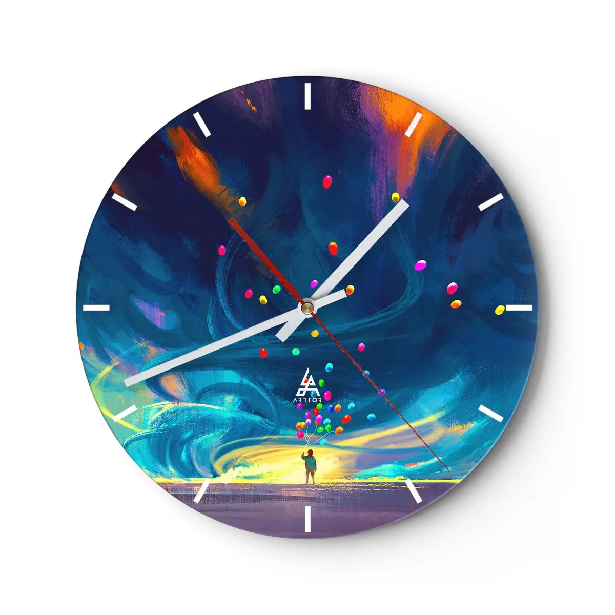 Vægur, Uret - En person med farverige balloner mod en dynamisk himmelbaggrund. - 30x30cm - På en blå vind - Moderne vægdekoration til stue, køkken og soveværelse ARTTOR