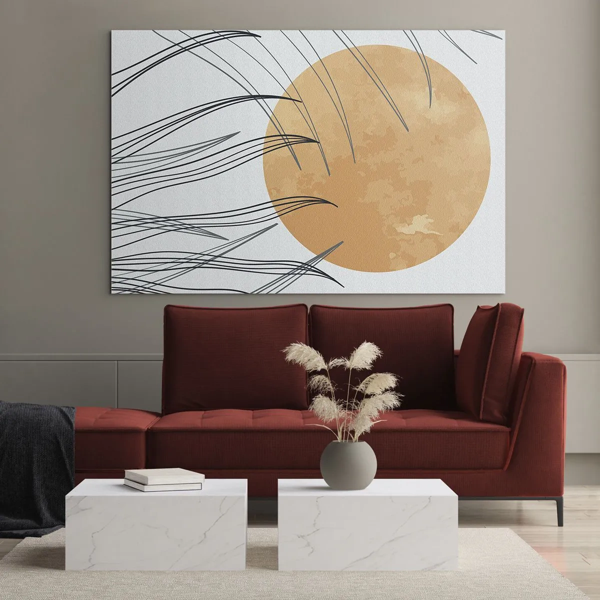 Billede på glas - Orange sol med dynamiske linjer på en lys baggrund - 70x50cm - Altid mod solen - Moderne vægdekoration til stue og soveværelse ARTTOR