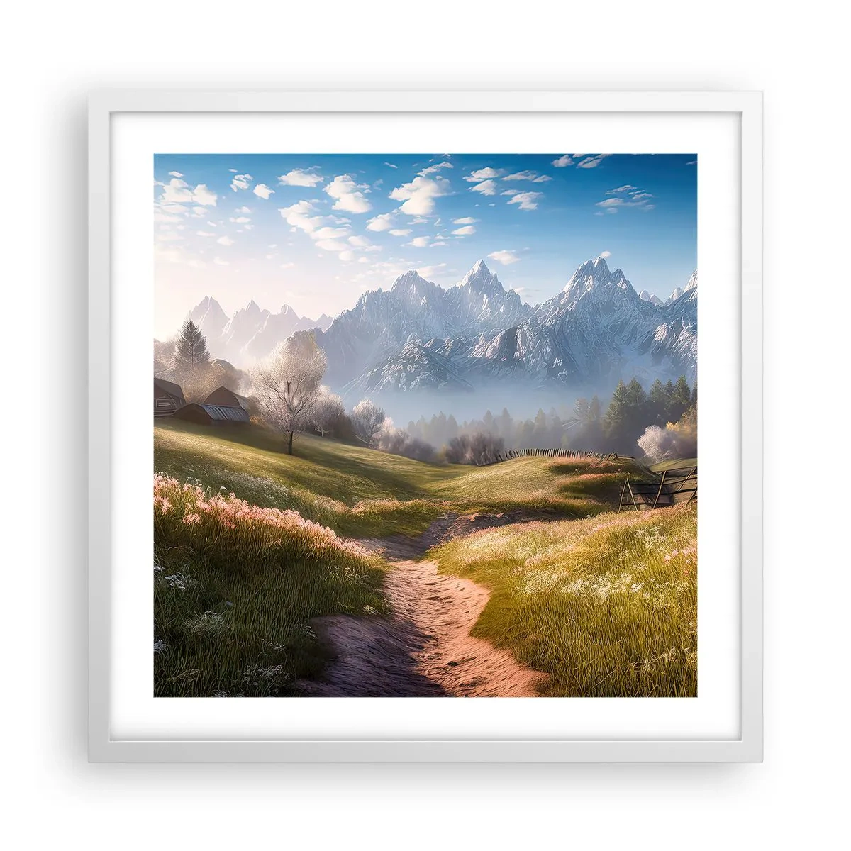 Plakat i hvid ramme - Idyllisk dal - 50x50 cm