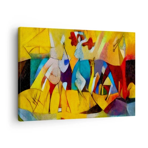 Lærredstryk - Billede på lærred - En farverig abstraktion, der skildrer figurer i en geometrisk form - 70x50cm - Sol - liv - glæde - Moderne vægdekoration til stue og soveværelse ARTTOR