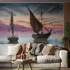 Fototapet på mål Premium Canvas - Aften i havnen - Sejlbåde, Ved havet, Landskab