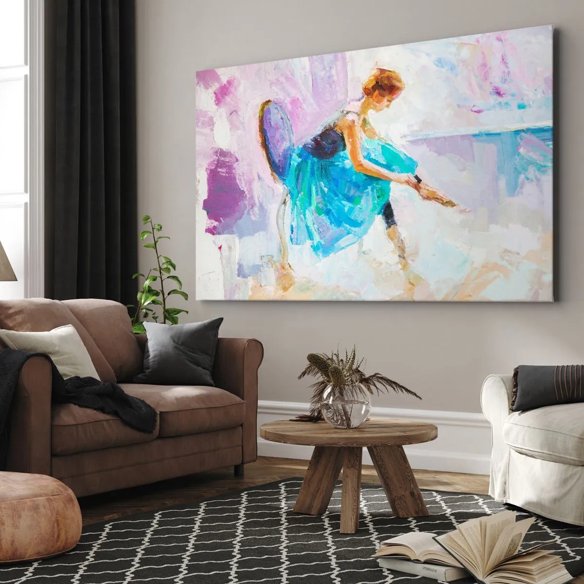 Lærredstryk - Billede på lærred - En ballerina gør sig klar til at danse i pastelfarver. - 70x50cm - Ubeskrivelig ynde, subtil charme - Moderne vægdekoration til stue og soveværelse ARTTOR