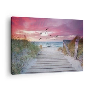 Lærredstryk - Billede på lærred - Træsti på stranden ved lyserød solnedgang - 70x50cm - Baltisk indtryk - Moderne vægdekoration til stue og soveværelse ARTTOR