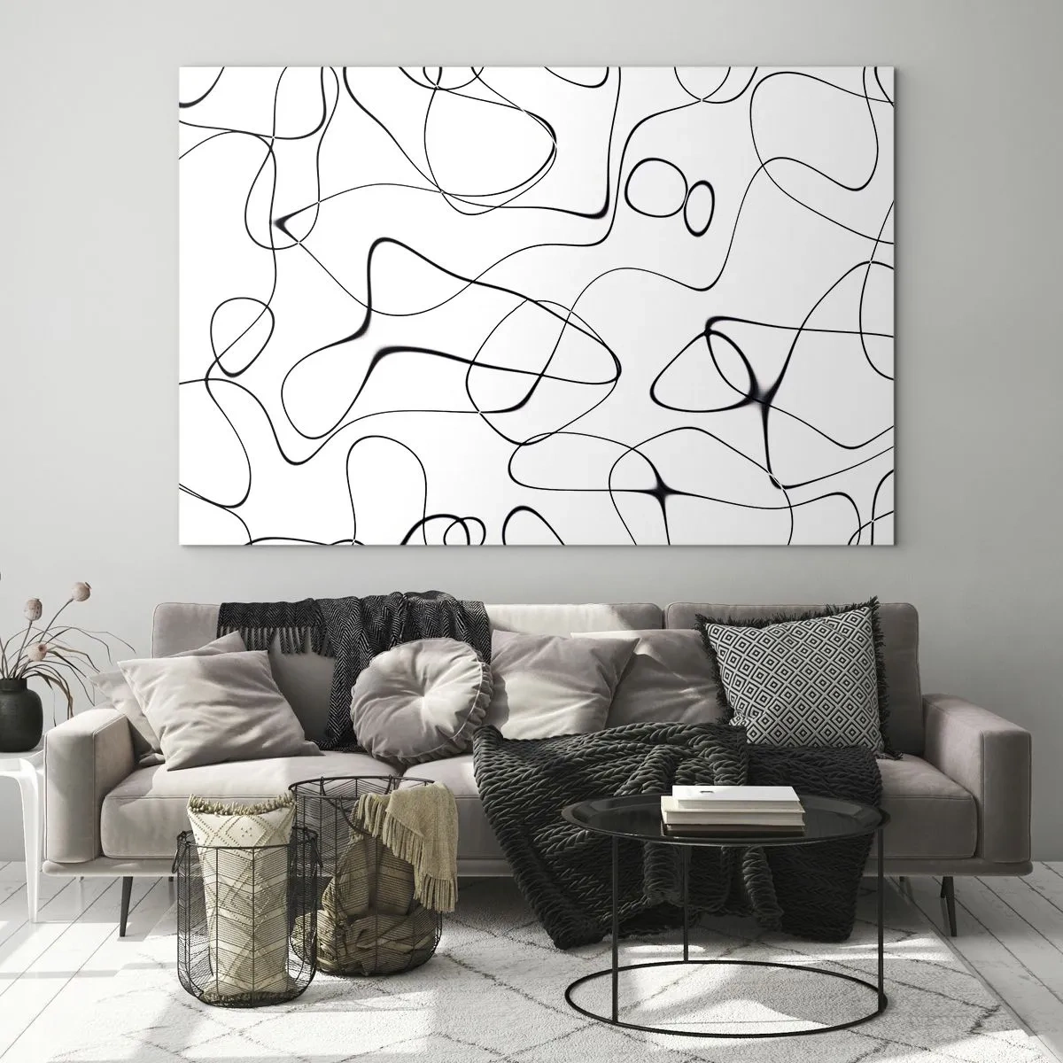 Billede på glas - Abstrakte sorte linjer på en hvid baggrund - 70x50cm - Livets veje, skæbnens omskiftelser - Moderne vægdekoration til stue og soveværelse ARTTOR