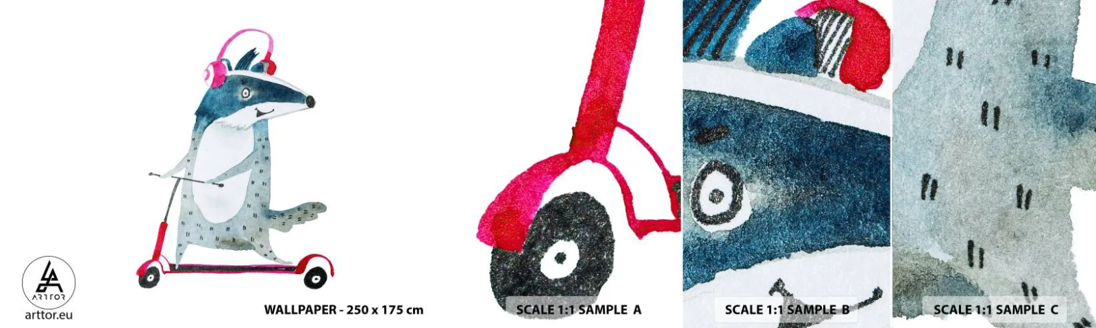 Prøve Fototapet Selvklæbende Deluxe Sticker - Grævlingens glæder - Børns, Scooter, Dyr - 100x30 cm