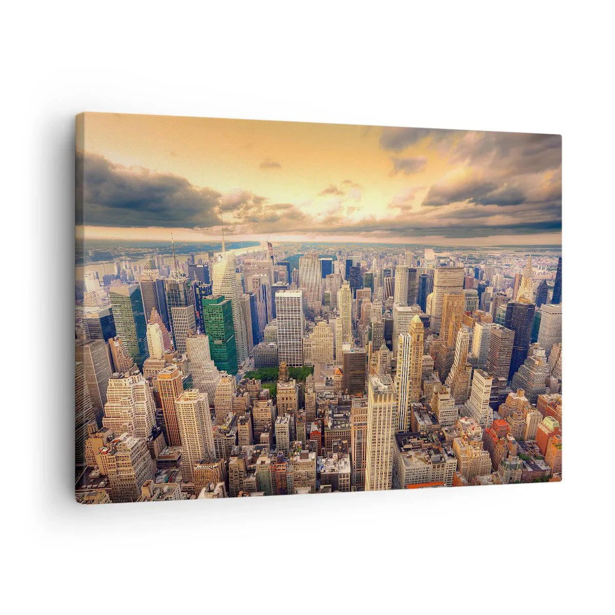 Lærredstryk - Billede på lærred - Bypanorama med udsigt over skyskrabere ved solnedgang - 70x50cm - En forgyldt metropol - Moderne vægdekoration til stue og soveværelse ARTTOR